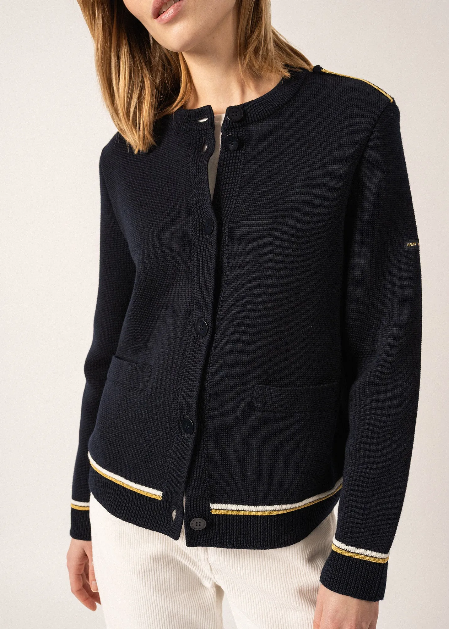 SERRES - Ponte Knit Jacket with Lurex Details for Women  | 100% Wool (NAVY)