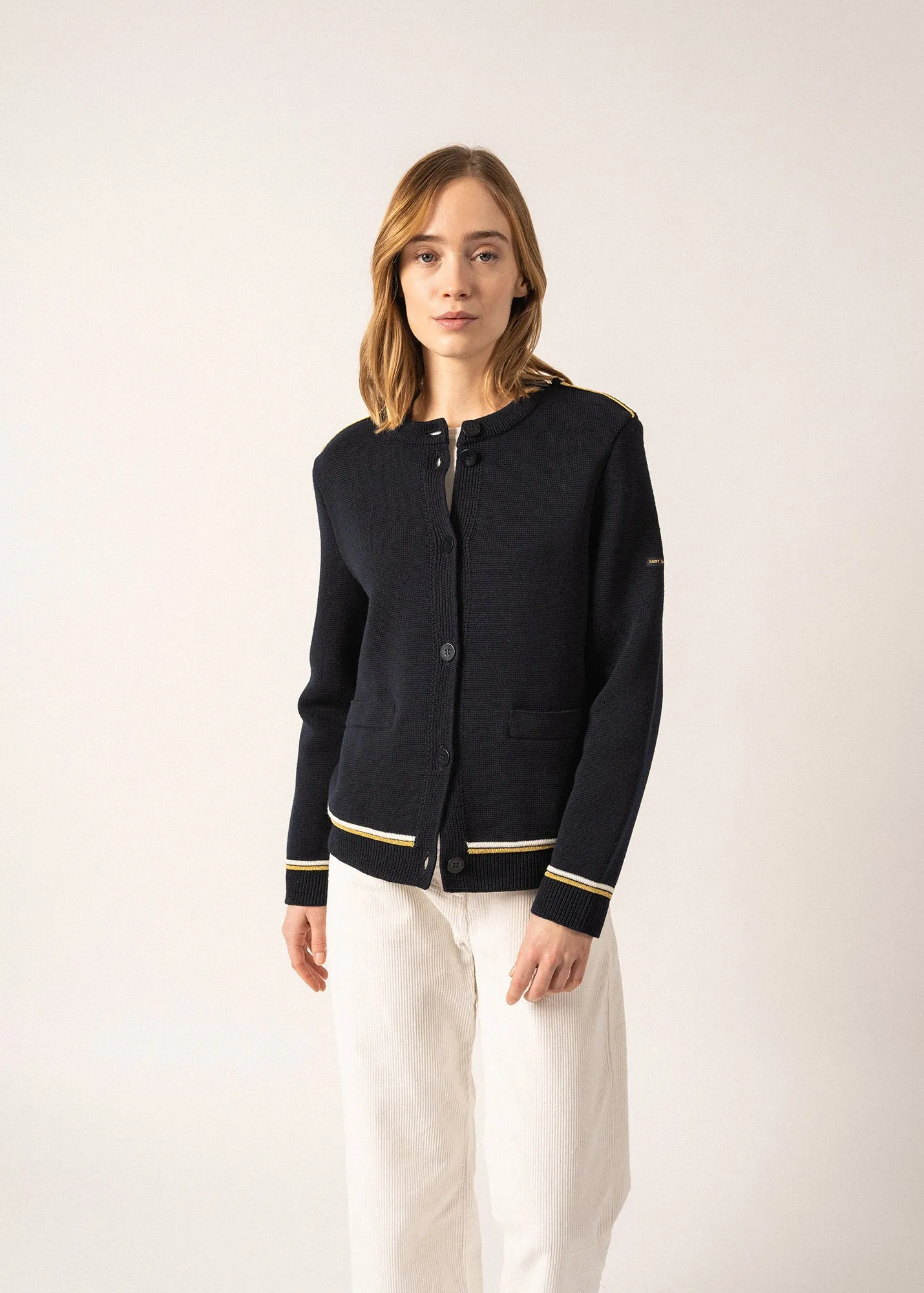 SERRES - Ponte Knit Jacket with Lurex Details for Women  | 100% Wool (NAVY)