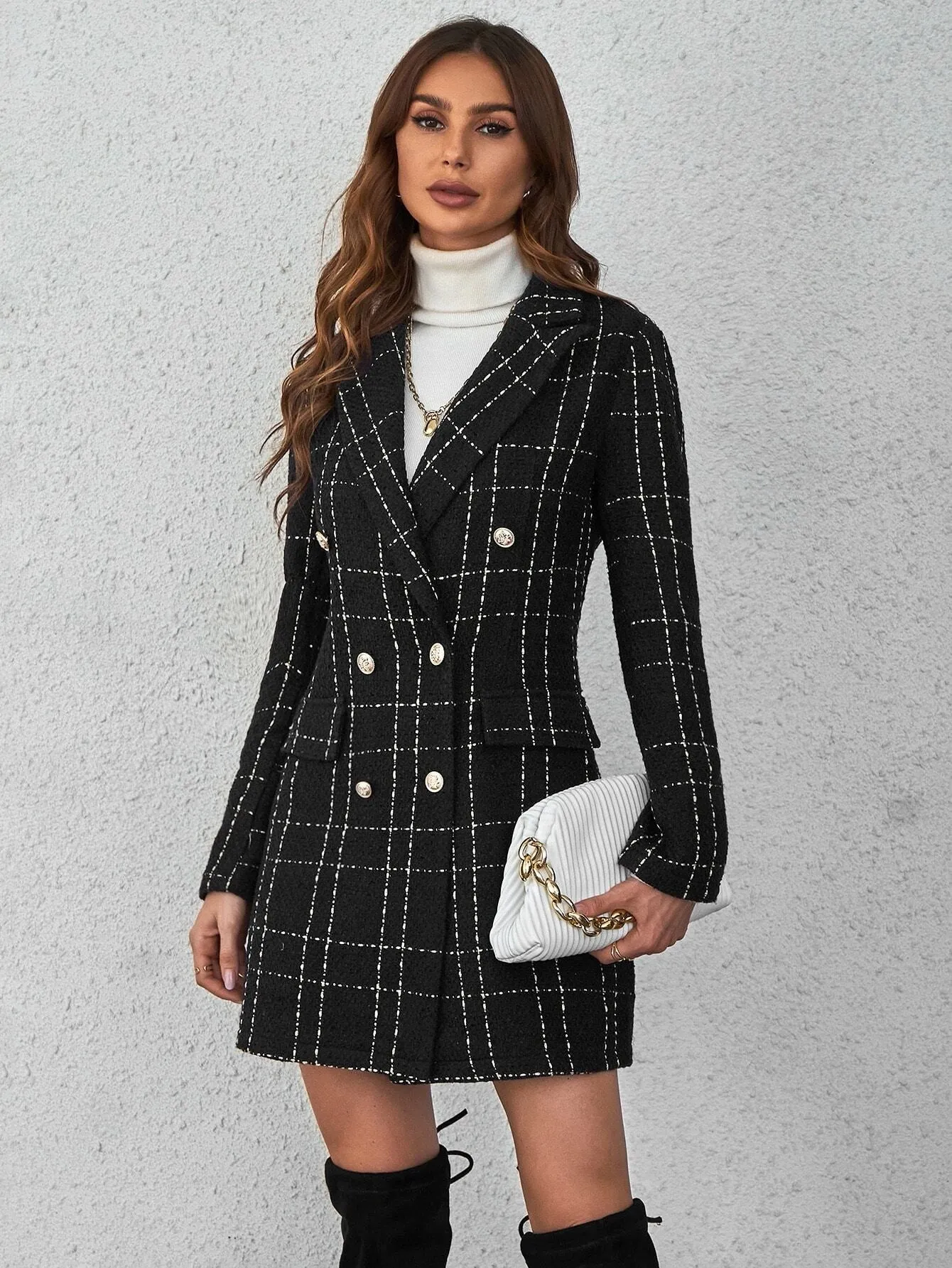 SHEIN Privé Plaid Double Breasted Overcoat,Ladies Late Fall Elegant Double Button Regular Sleeve Lapel Regular Fit Black Plaid Women Overcoats