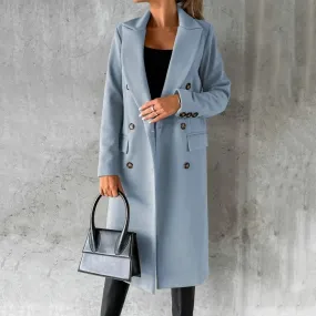 Slim Fit Double Breasted Solid Color Woolen Autumn Winter Long Women Coats