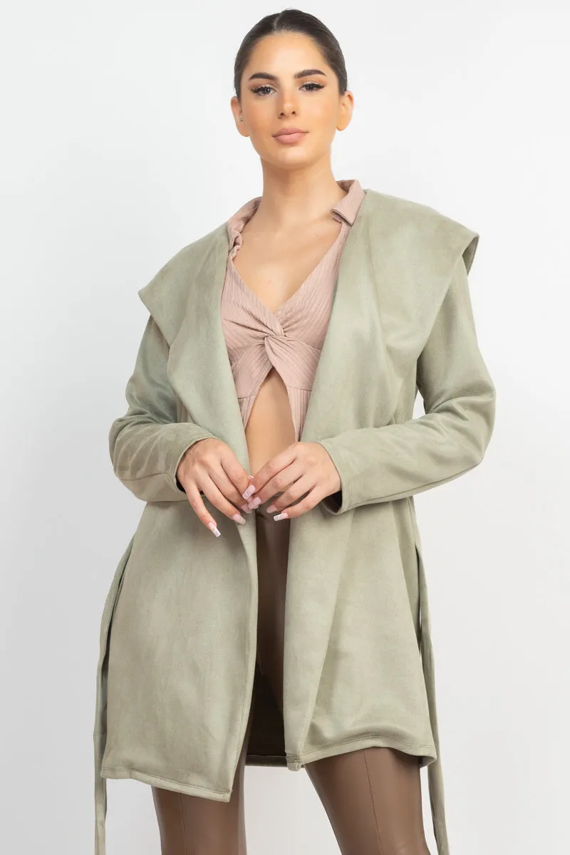 Suede Hooded Waist-tie Belt Jacket