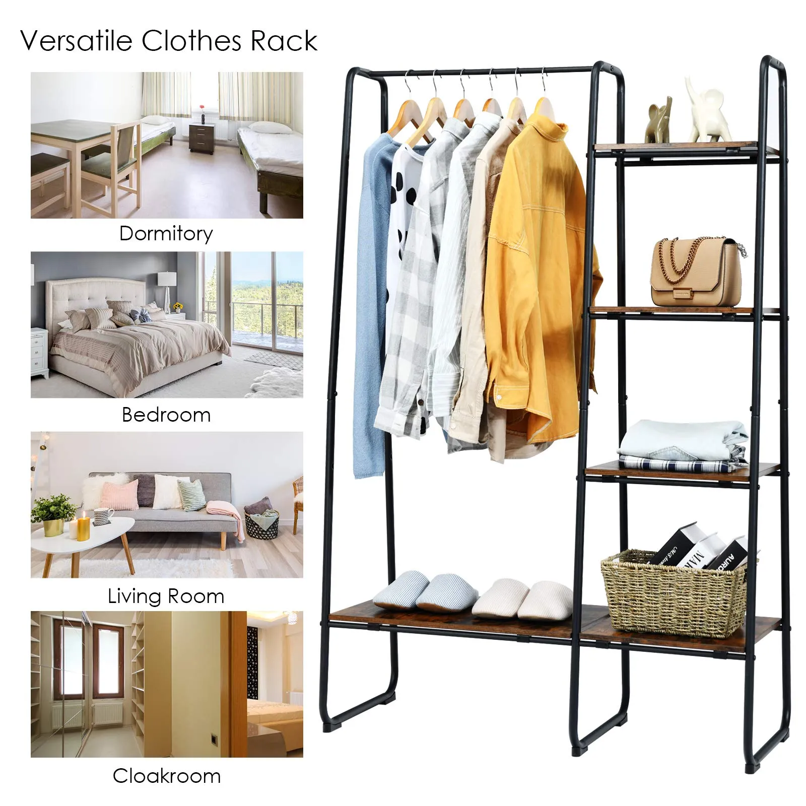 Tangkula Garment Rack with Shelves, Clothes Rack with 5 Shelves & Hanging Bar