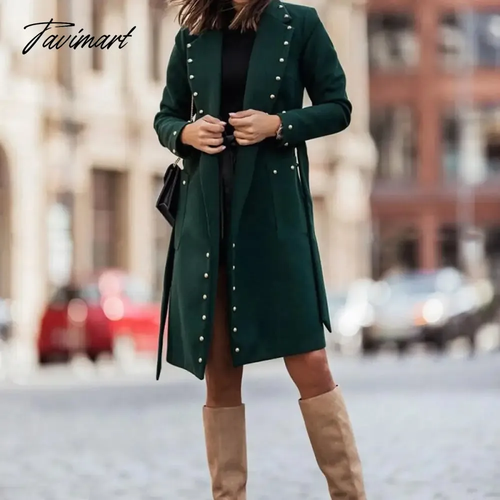 Tavimart Women Long Sleeve Lapel Button Woolen Coat Casual Lace-Up Solid Warm Jacket Fall Winter Double-Breasted Rivet Handsome Overcoats