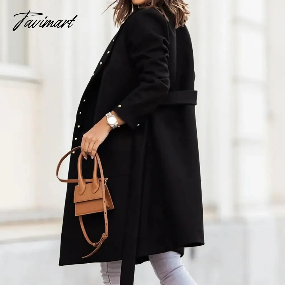 Tavimart Women Long Sleeve Lapel Button Woolen Coat Casual Lace-Up Solid Warm Jacket Fall Winter Double-Breasted Rivet Handsome Overcoats