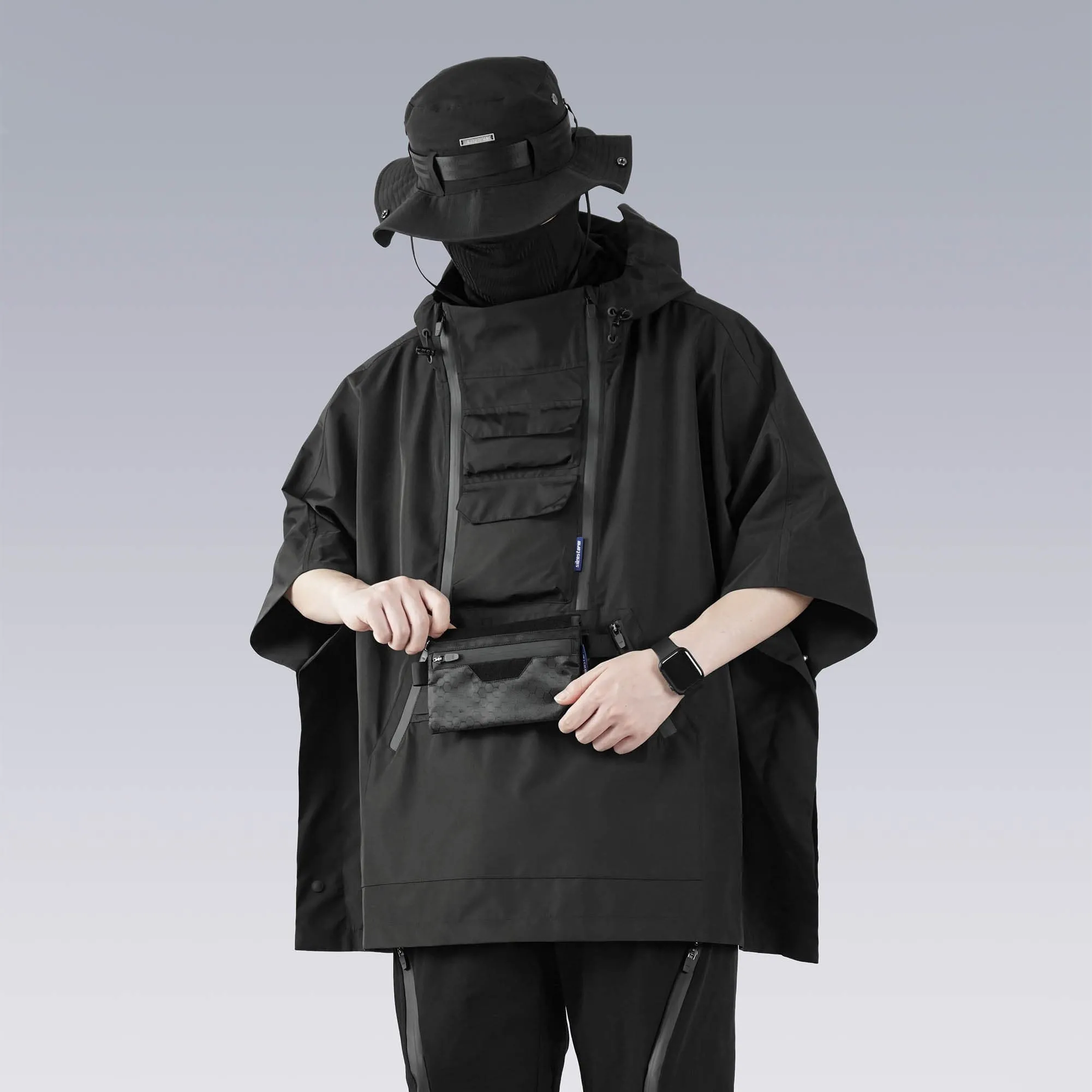 Techwear Poncho Jacket with Utility Chest Rig