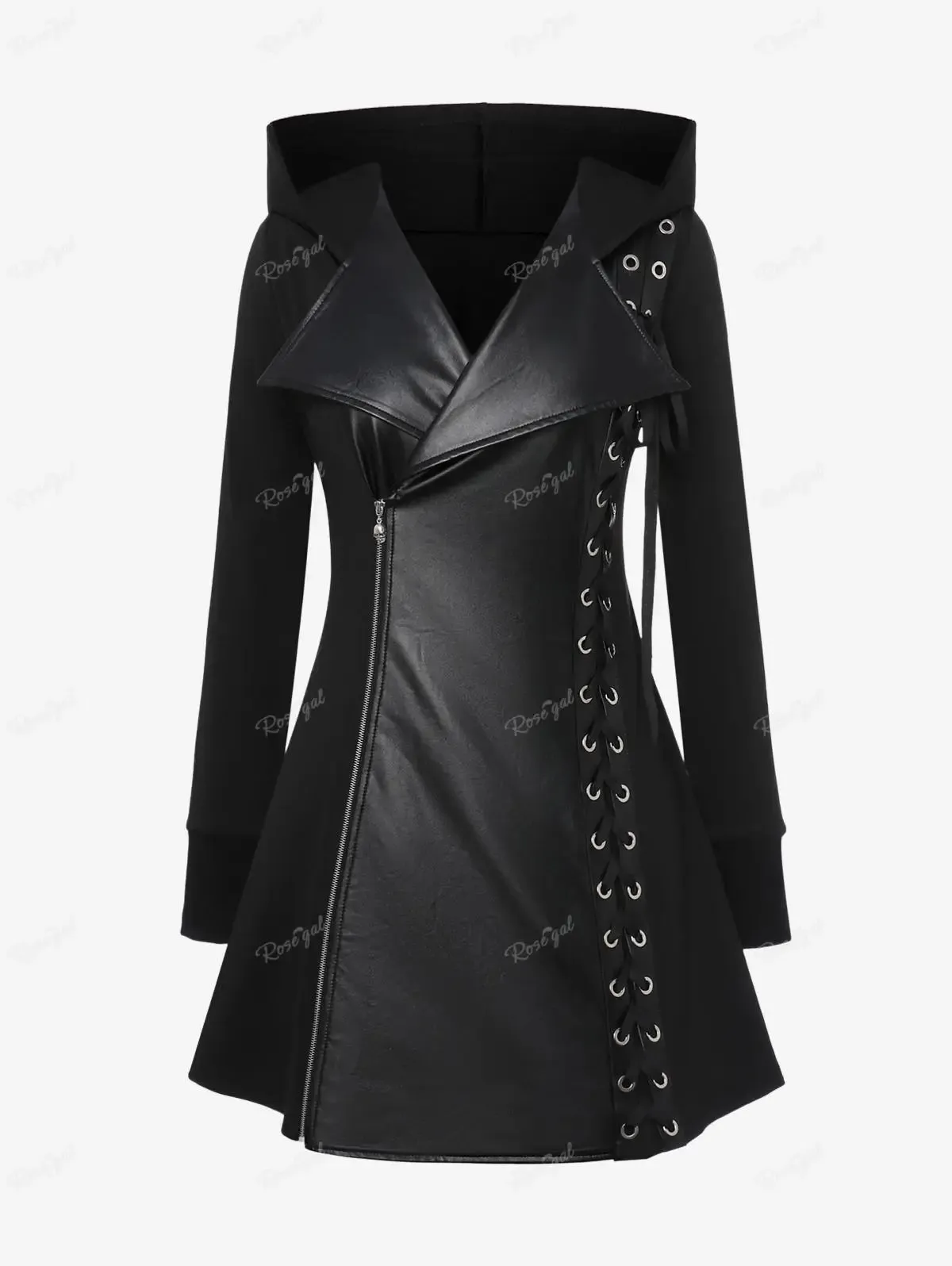 Uniwim ROSEGAL Plus Size Gothic PU Panel Hooded Coats Black Slim Outwear Turn-down Collar Lace Up Braided Grommet Side Zip Jacket Coat