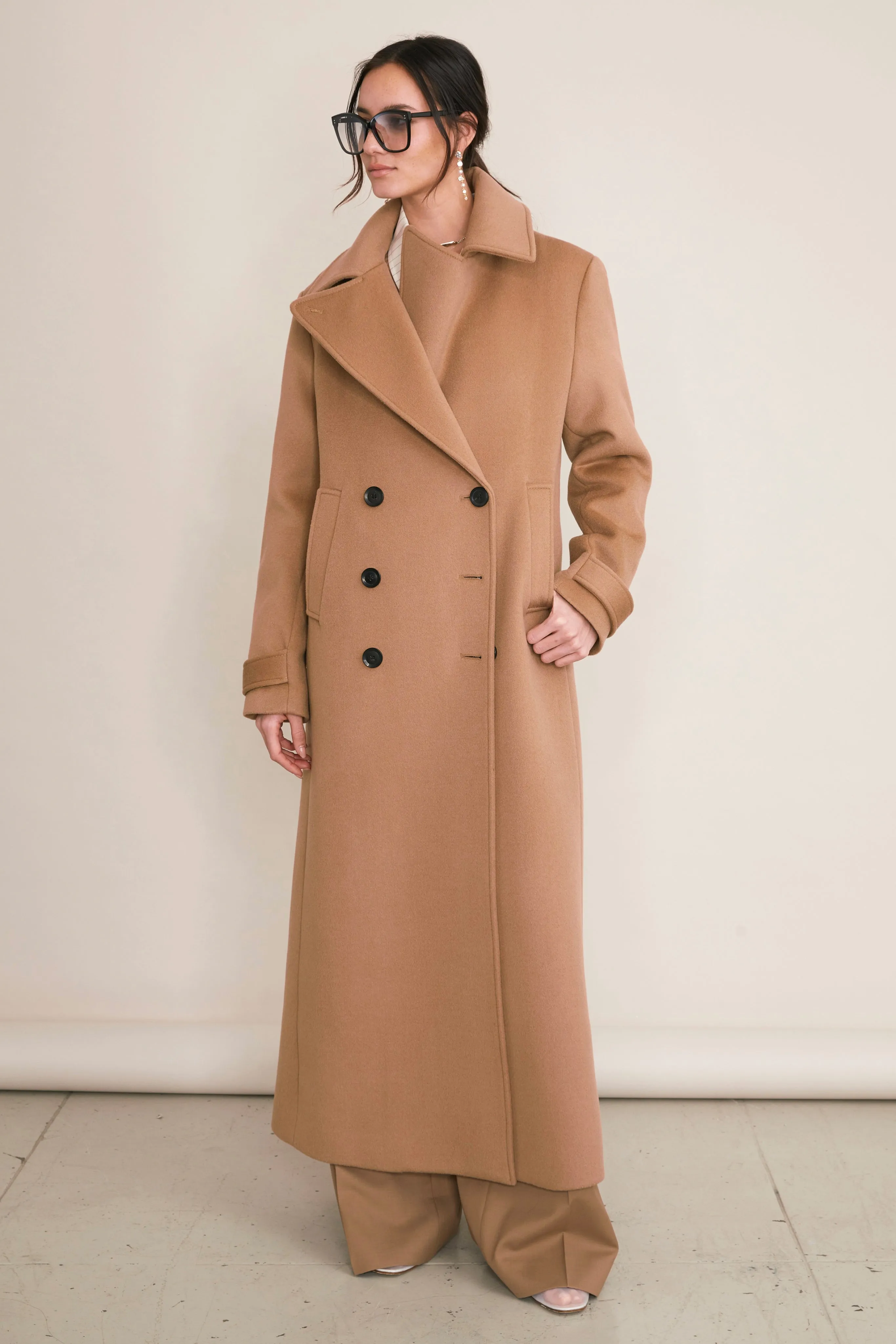 Vera Double Breasted Full Length Wool Peacoat in Classic Camel