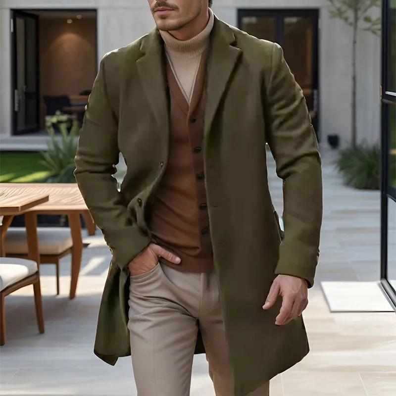 Wiaofellas  -  Winter Fashion Lapel Button Wool Overcoats Men's Autumn Solid Color Thickness Outwear Male Long Sleeve Fleece Midi Jackets