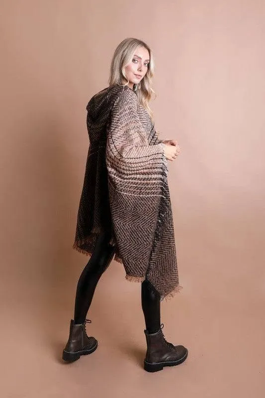 Women's hooded frayed edge tweed poncho