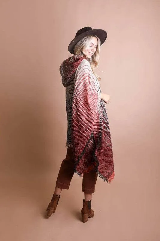 Women's hooded frayed edge tweed poncho