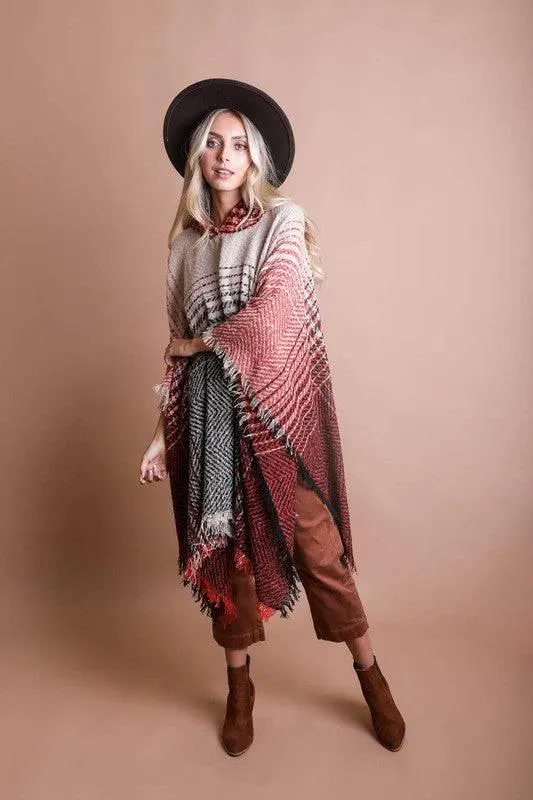 Women's hooded frayed edge tweed poncho