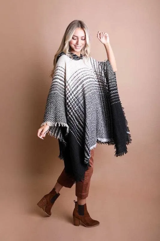 Women's hooded frayed edge tweed poncho