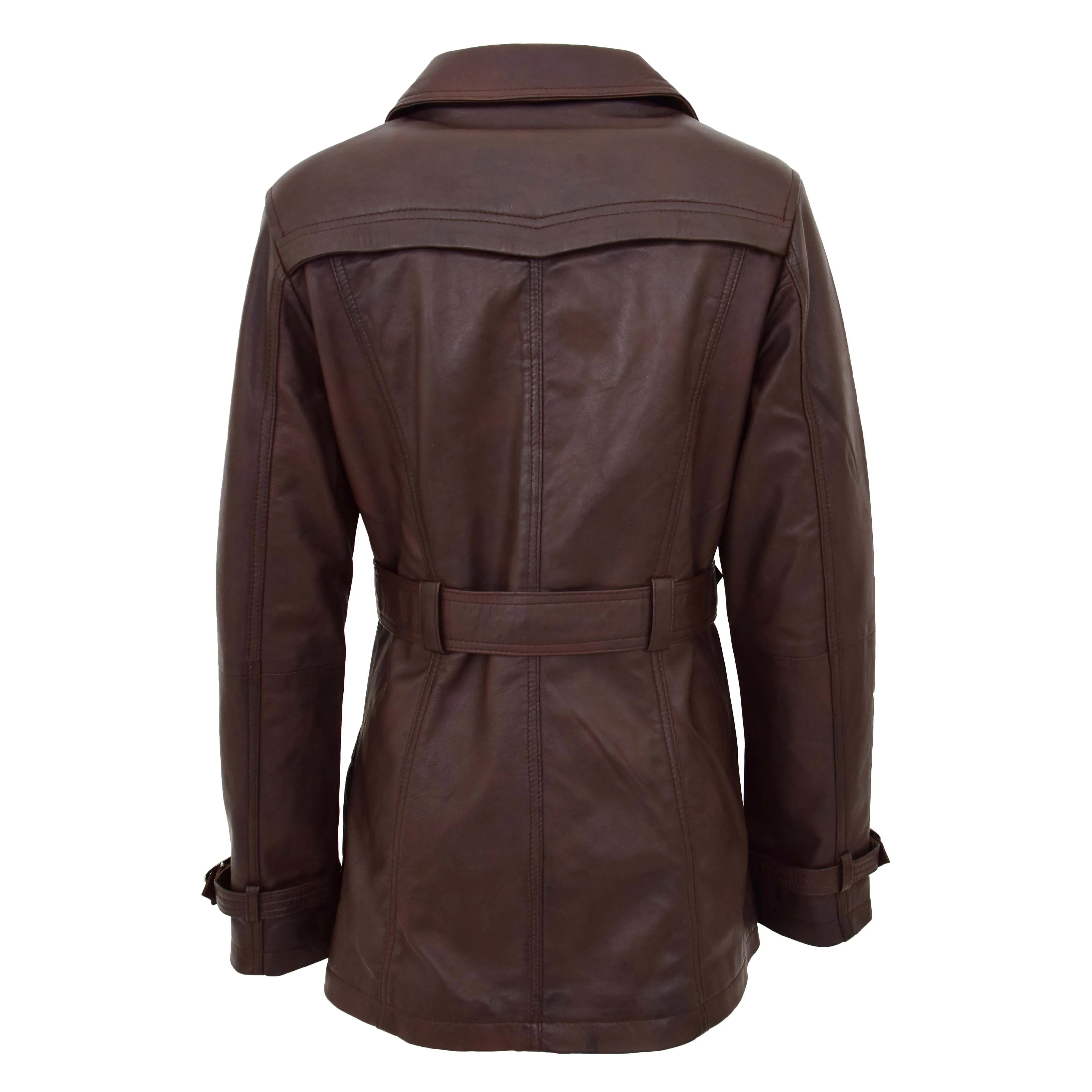 Womens Leather Double Breasted Trench Coat Sienna Brown