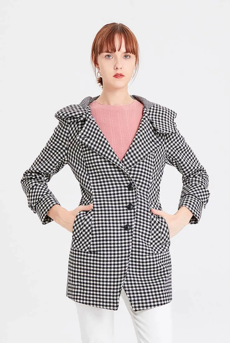 Wool Blend Lapel Collar Plaid Short Coat