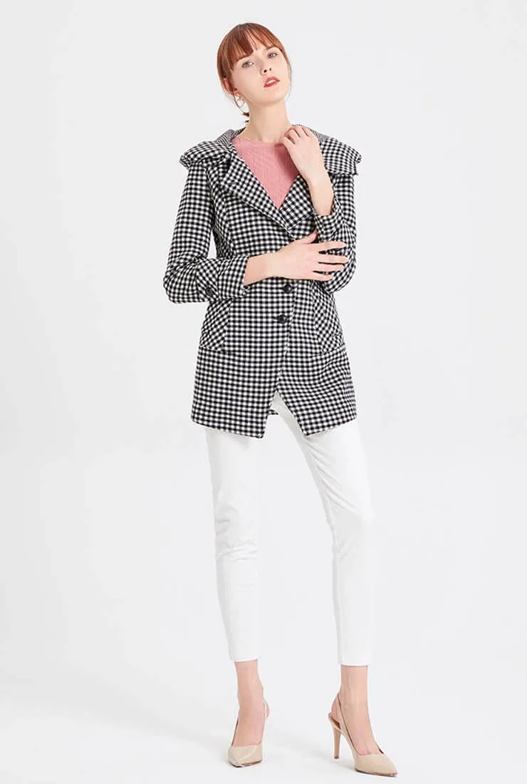 Wool Blend Lapel Collar Plaid Short Coat