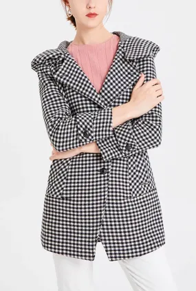 Wool Blend Lapel Collar Plaid Short Coat