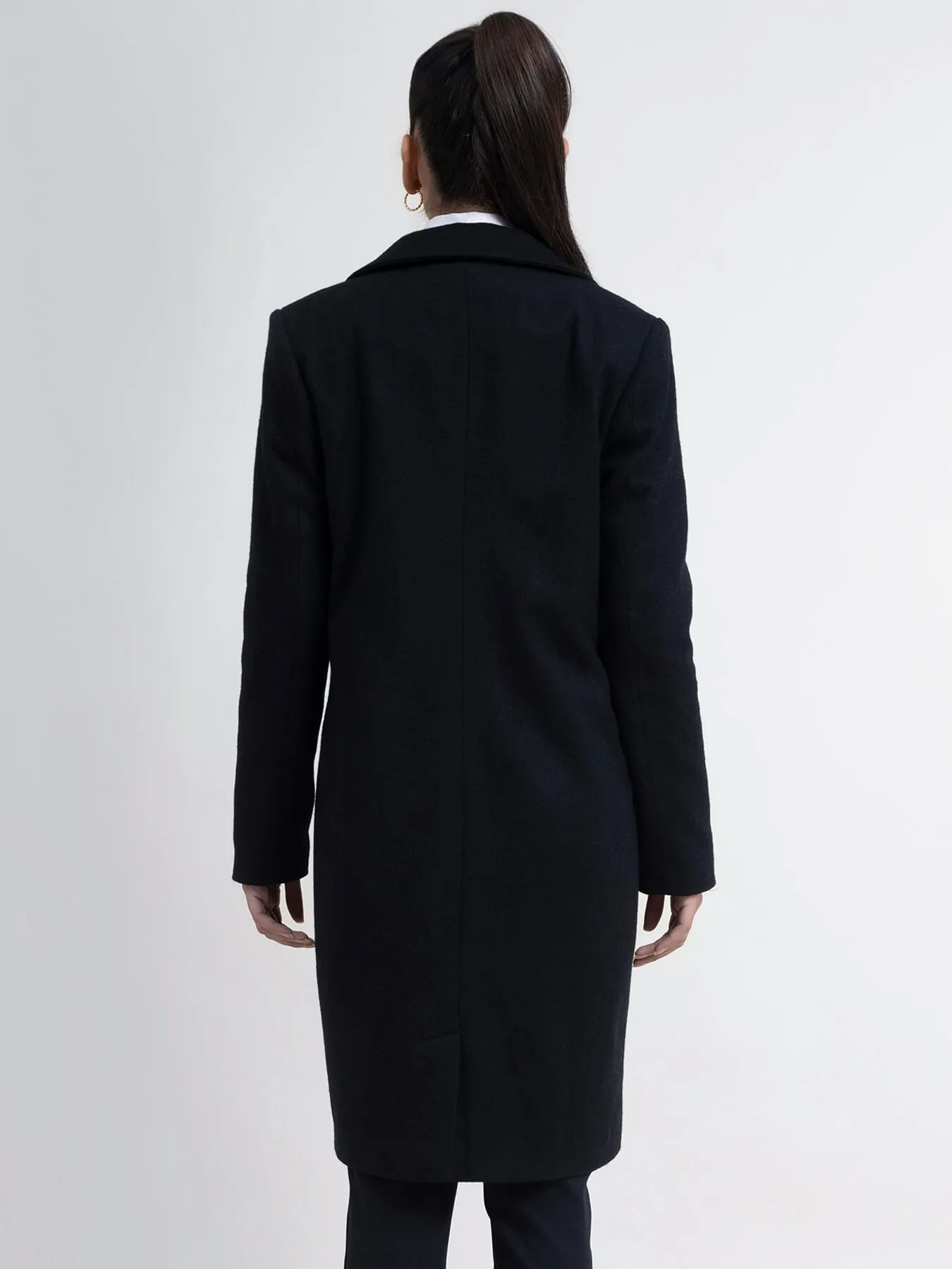 Wool Blend Long Overcoat - Black