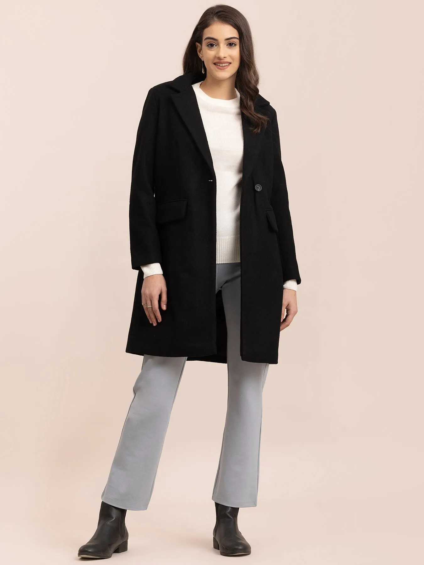 Wool Blend Long Overcoat - Black